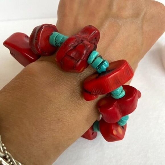 VTG Southwest Chunky Red Coral & Heishi Turquoise Beaded Bracelet Fits 7" Wrist - Picture 12 of 16